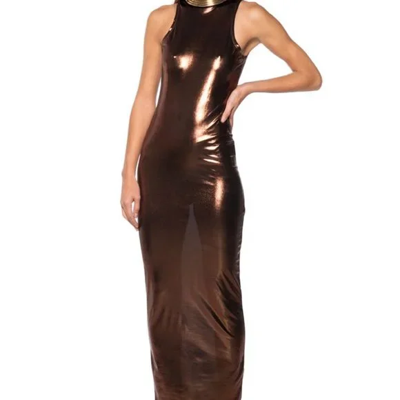 Xena Metallica: Brown Bronzer Stretch Mid Maxi Dress M - Picture 5 of 7